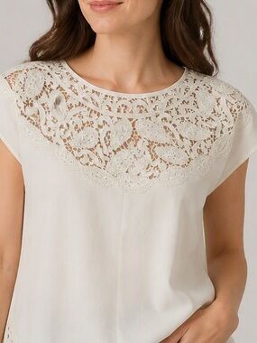 Vintage Peony Shanghai Pure Silk Hand Embroidered Lace Heirloom Blouse Ivory L
